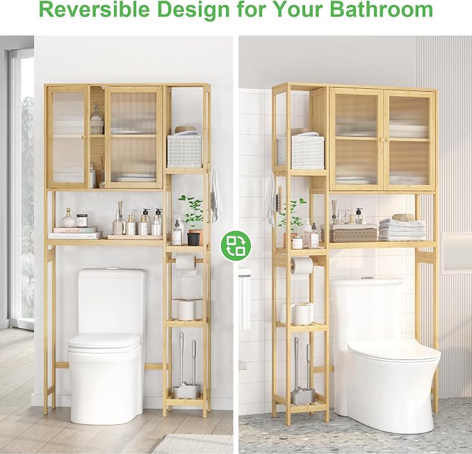 Over the Toilet Storage Cabinet Above Toilet Bathroom Organizer with Toilet Paper Holder Stand Bath Organizer with Adjustable Shelves & Acrylic Doors,Anti-Tip Device (Nature)