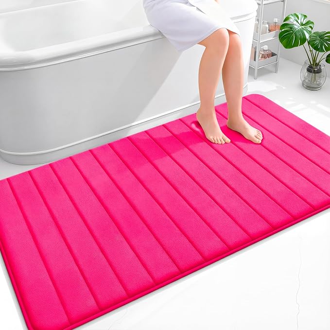 OLANLY Memory Foam Bath Mat 59x35, Super Soft Absorbent Bathroom Rugs, Quick Dry, Machine Washable Shower Floor Rugs, Bathmat Carpet, Bathroom Home Decor Accessories, Hot Pink