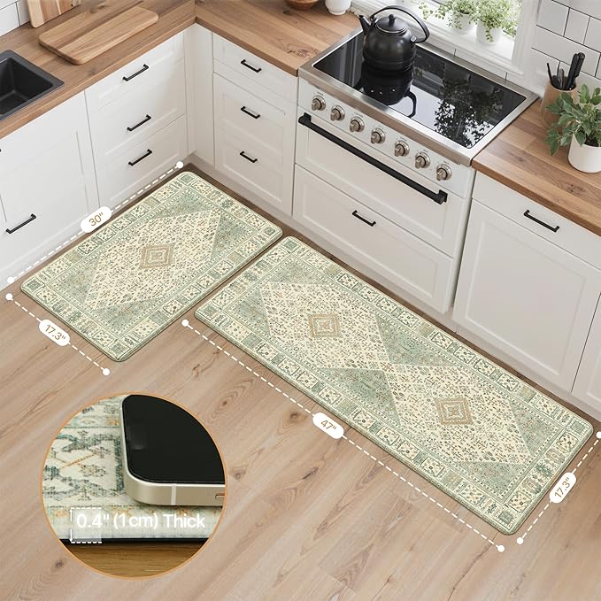 GENIMO Kitchen Mats for Floor 2PCs, Washable Anti Fatigue Mat for Cushioned, 17.3"x47"+17.3"x30", Waterproof Kitchen Rugs, Non Slip Comfort Standing Mat Rug for Home, Sink, Laundry, Vintage Green