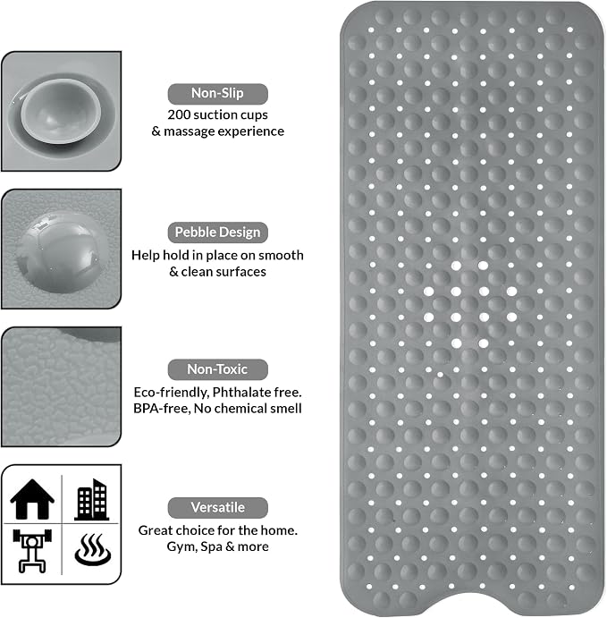 LDC Bath Mat for Tub, Inside Shower Bathtub Mat with Drain Holes and Suction Cups, Anti Slip Bath Mat Inside Tub Extra Long, 40x16 - Light Grey