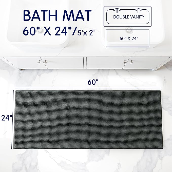 SUBRTEX Bathroom Rugs, 24" x 60" Chenille Bath Rug Soft Short Plush Bath Mat Soft Shower Mat Water Absorbent Shower Mat Quick Dry Machine Washable, Gray