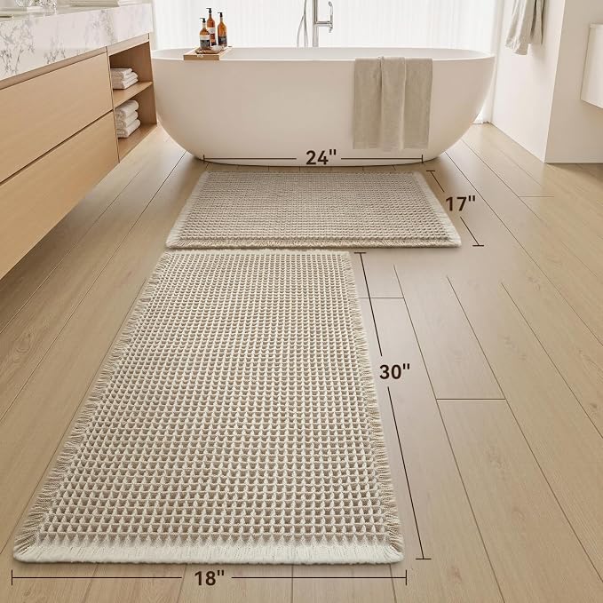 Upgraded Waffle Bath Mat Set of 2, Super Absorbent Non Slip Bath Mats for Bathroom Floor, Washable Boho Bathroom Rugs Set 2 Piece with Tassels, Soft Bathroom Mat Set, 17" x 24" +18" x 30", Brown Cream