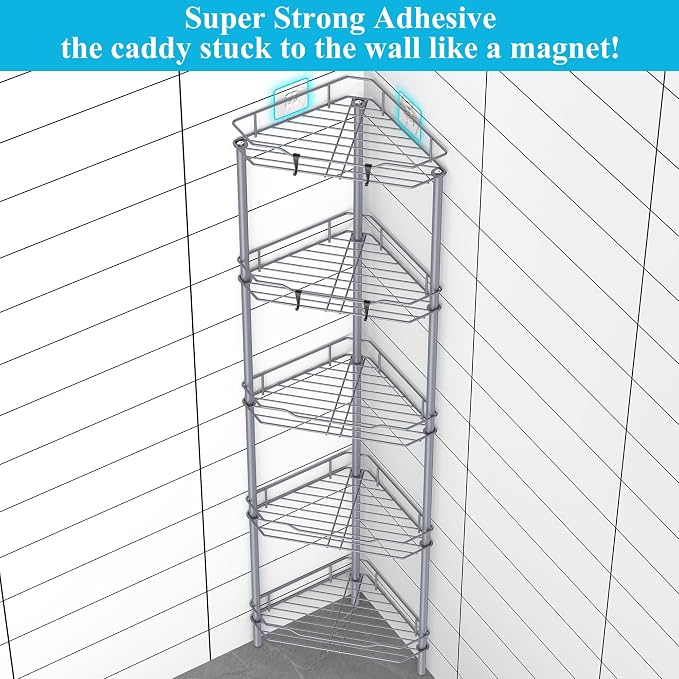 HuggieGems 5 Tier Floor Standing Corner Shower Caddy Organizer Shelf with Hooks, Bathroom Shelves Stand Rack, Dark Gray