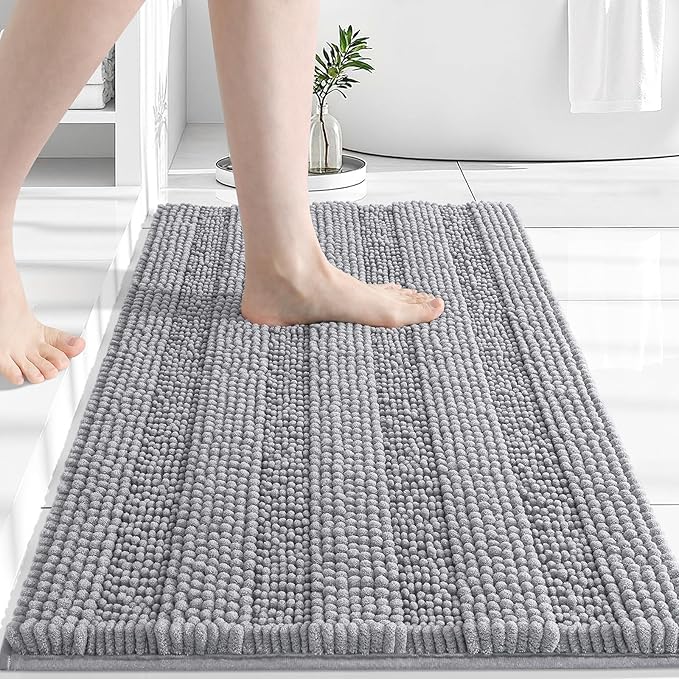 Grandaily Chenille Striped Bathroom Rugs 36x24, Extra Thick and Absorbent Bath Mats, Non-Slip Soft Plush Shaggy Shower Carpet, Machine Wash Dry, Bath Rug for Bathroom, (Large, Light Grey)