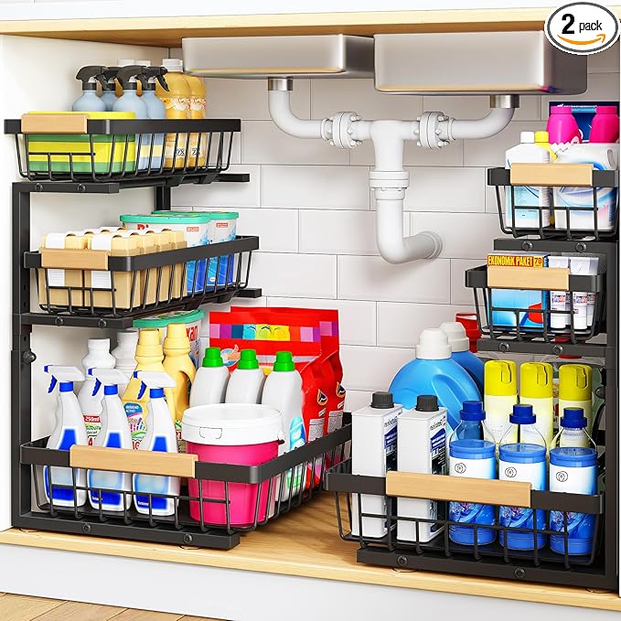 PXRACK Under Sink Organizer, 3-Tier 2-Pack Adjustable Height Pull Out Under Cabinet Organizer, Slide Out Thickened Metal Under Sink Storage for Kitchen Bathroom Laundry Pantry Organization, Black