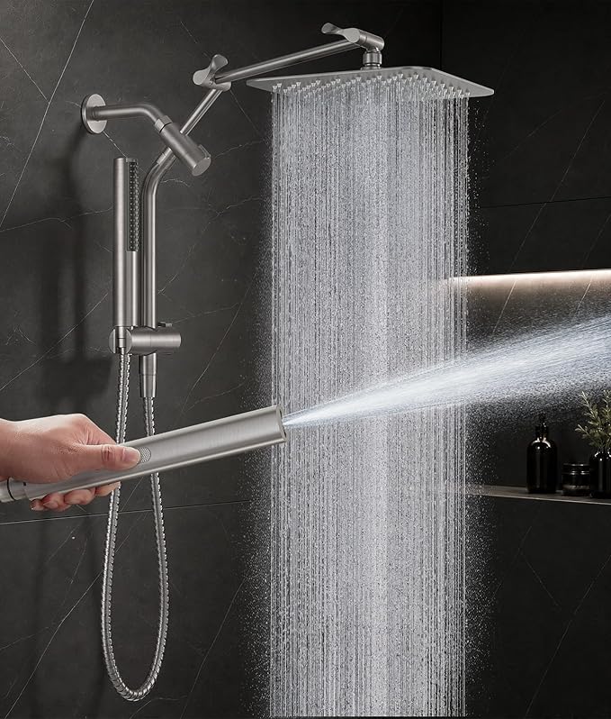 Veken All Metal 10" Brushed Nickel Shower Head with Handheld, Luxurious Square Double Rain Shower Heads with Power-wash Hand Held, Dual High Pressure Detachable Rainfall Showerhead,Bathroom Upgrade