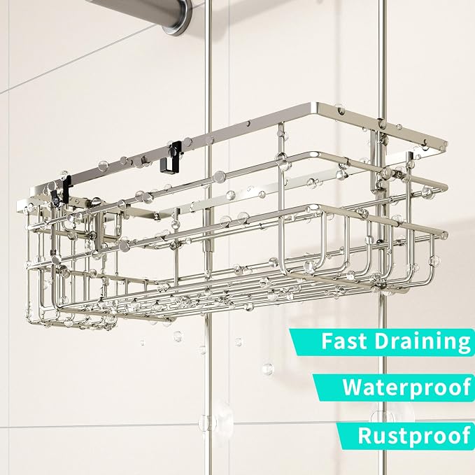 HapiRm Hanging Shower Caddy Organizer - No Drilling Shower Shelves with Hooks and Toothbrush Holder, Rustproof 304 Stainless Steel Bathroom Organizer - Brushed Nickel