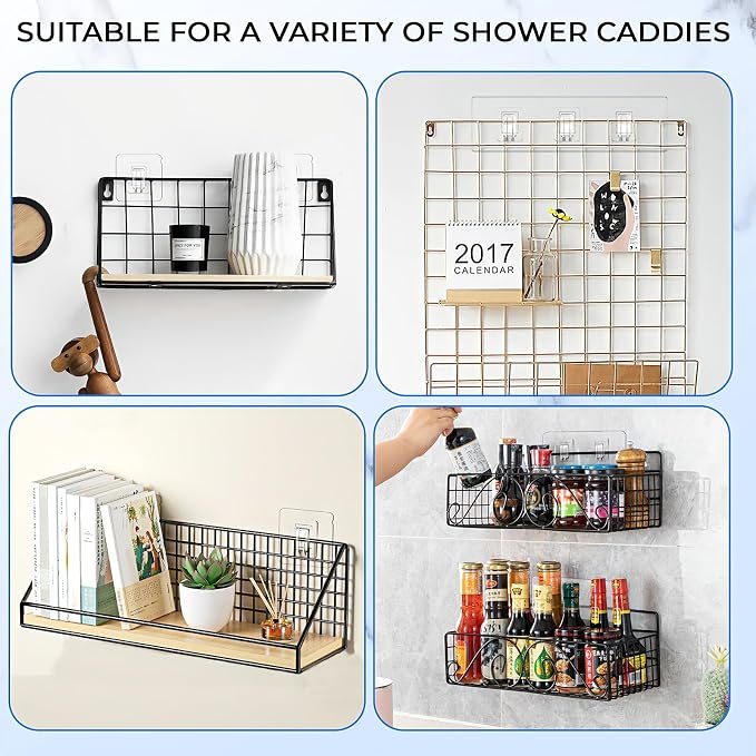 14 Pack Shower Caddy Adhesive Replacement Flat Strips, Heavy Duty Transparent Waterproof Hooks for Bathroom Storage Shelves, No-Drilling Sticky Wall Mount Hooks for Kitchen Organizers