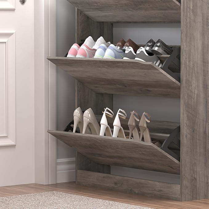 BORNOON Shoe Cabinet with 3 Flip Drawers & Coat Rack, Narrow Hidden Shoe Storage Cabinet, 2-in-1 Hall Tree Slim Freestanding Shoe Rack Organizer for Entryway, Hallway, and Living Room