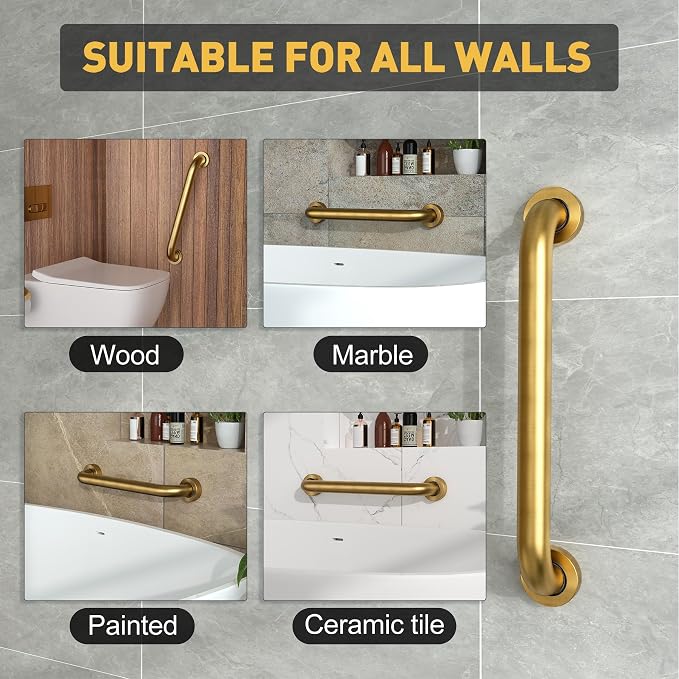 Shower Grab Bar,18 Inch Anti Slip Brushed Gold Stainless Steel Grab Bars for Bathtubs and Showers, Bathroom Grab Bar,Safety Shower Handle,Handicap Elderly Injury Senior Assist Bath Handle