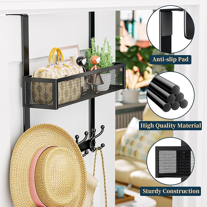 Consumest Over The Door Hooks Organizer - 2 Tier Over Door Hanger with 16 Hooks & 2 Baskets for Hanging Coat, Clothing, Towel, Back Storage for Bathroom, Closet, College Dorm, Black