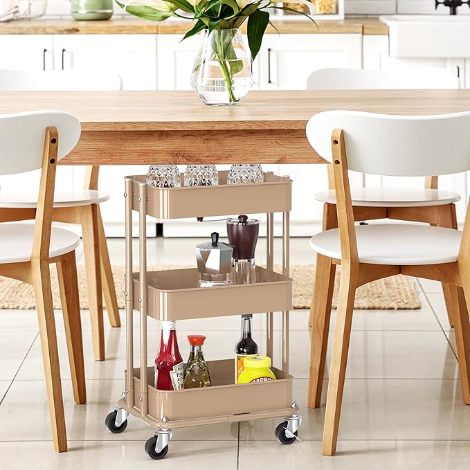 Simple Houseware 3-Tier Compact Utility Rolling Cart, Low 24” Height Fits Under Desk, Space-Saving Storage for Home Office, Dining Room, or Kitchen, Khaki