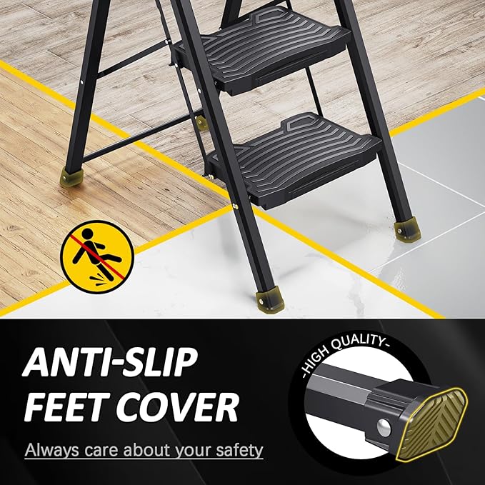 KINGRACK Step Ladder 4 Step Folding, 900lbs 4 Step Ladder with Anti-Slip Wide Pedal and Handrails, Lightwight Household Ladder, Pass 900LBS Testing, for Your Kitchen, Pantry, Closets, Office Use