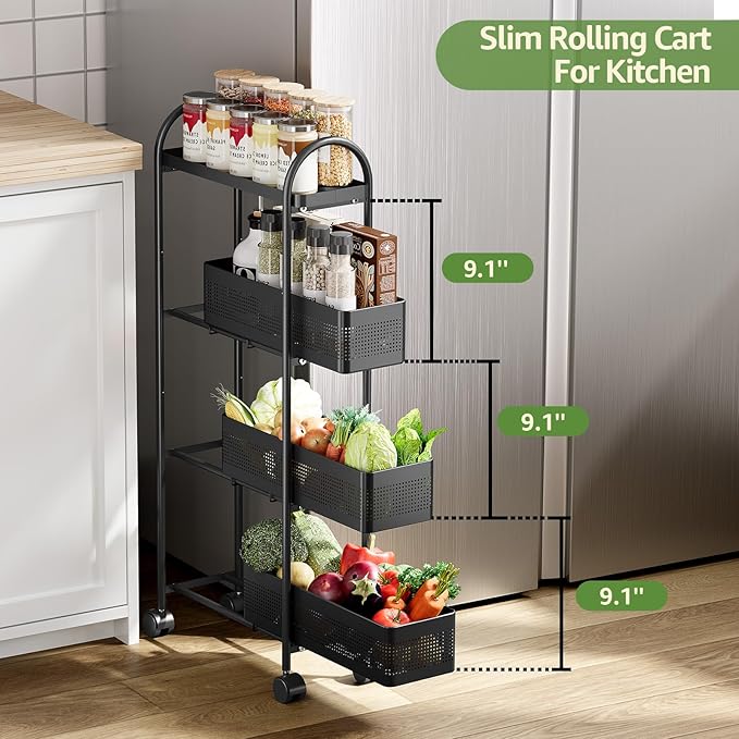 KINGRACK 4-Tier Slim Storage Cart with 3 Pull Out Basket, Rolling Bathroom Organizer Utility, Metal Shelving Unit Slide Out, Lockable Wheels, Easy Assembly for Narrow Place, Kitchen, Office, Black