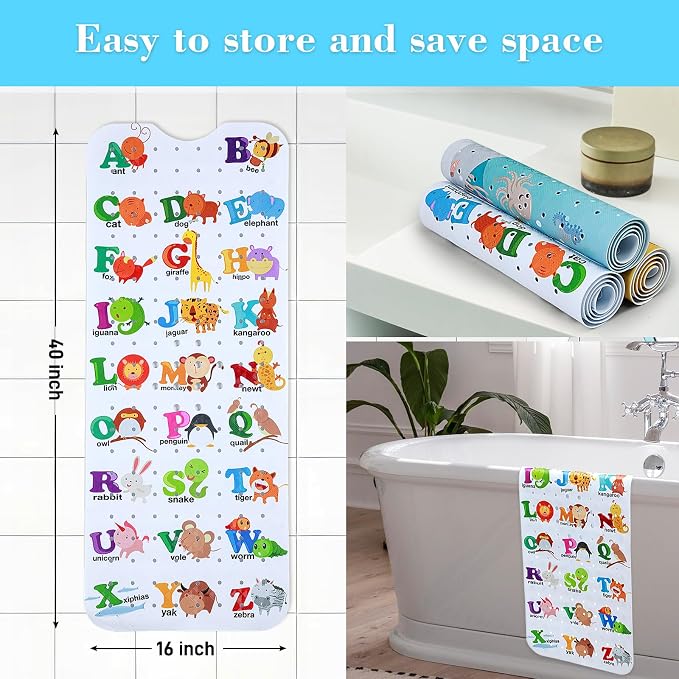 Secopad Bath Mat for Tub Non Slip, Machine Washable Anti-Slip Cartoon Baby Bathtub Shower Mat with Drain Holes and Suction Cups for Toddler & Kids (40 Inch x 16 Inch-Rectangular, Alphabet and Animals)