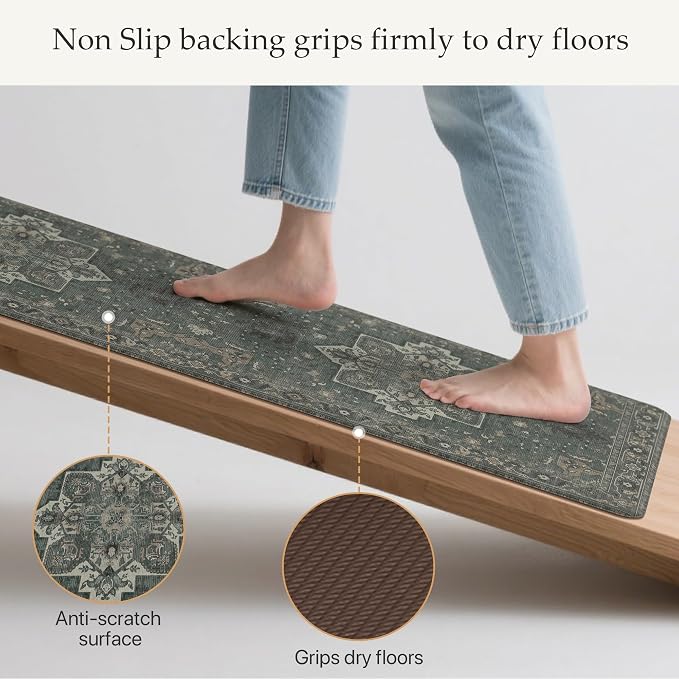 GENIMO Kitchen Mats for Floor 2PCs, Washable Anti Fatigue Mat for Cushioned, 17.3"x47"+17.3"x30", Waterproof Kitchen Rugs, Non Slip Comfort Standing Mat Rug for Home, Sink, Laundry, Forest Green