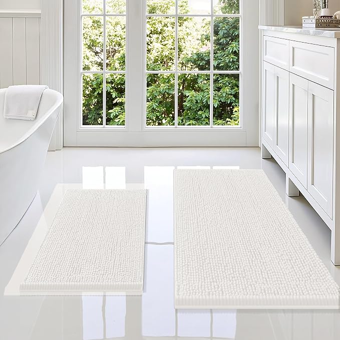 Smiry Bathroom Rugs Sets 2 Piece, Soft Absorbent Chenille Machine Washable Non Slip Shaggy Bath Rug Set for Tub, Shower, and Floor (36x24+24x16, Ivory)