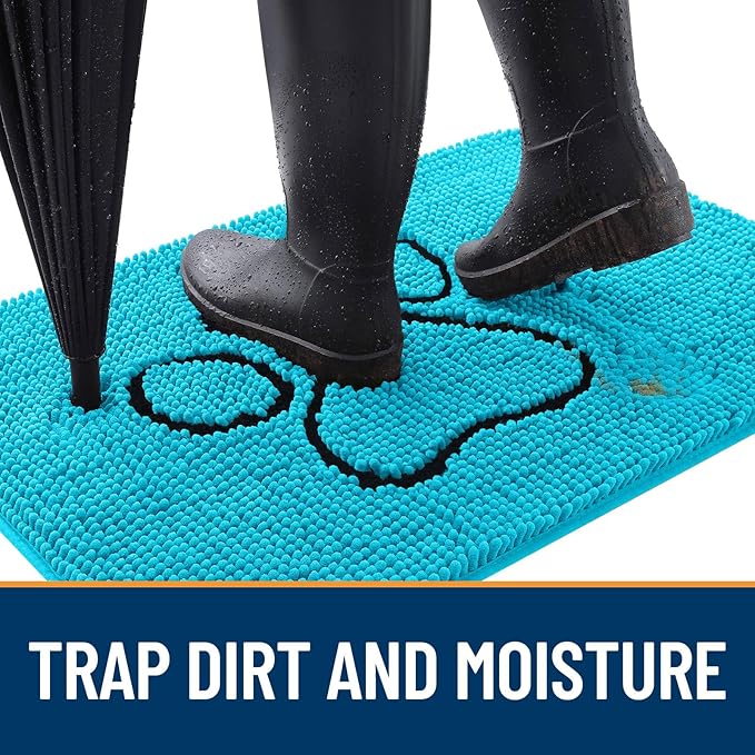 OLANLY Dog Door Mat for Muddy Paws 48x30, Paw Print Design, Absorbs Moisture and Dirt, Absorbent Non-Slip Washable Doormat, Quick Dry Chenille Mud Mat for Dogs, Entry Indoor Entryway Carpet, Aqua Blue