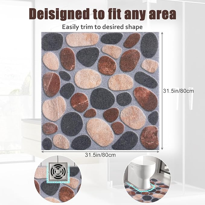 Square Shower Bath Mat Non-Slip: 32x32 Inch Bath Tub Mat for Inside Shower - Soft Textured with Drain Holes- Gray Bathroom Floor Safety Mat Foot Massage Scrubber