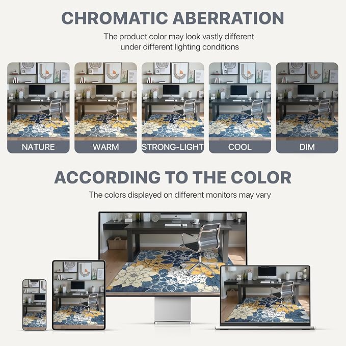 48"x60" Office Chair Mat for Hardwood Tile Floor, Under Desk Carpet Protector for Rolling Computer Chair Mat, Machine Washable Area Rug, Anti-Slip 1/5" Thick Low Pile Thin Vinyl Floor Mat, Navy Yellow