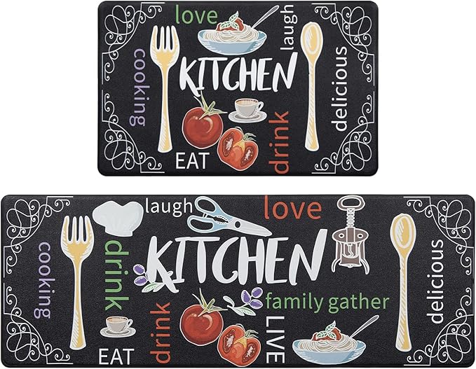 HEBE Kitchen Rugs Set of 2, Cushioned Anti Fatigue Kitchen Mats for Floor, Non Slip Waterproof Comfort Standing Desk Mat Carpet for Sink, Stove, Laundry Room, Colorful