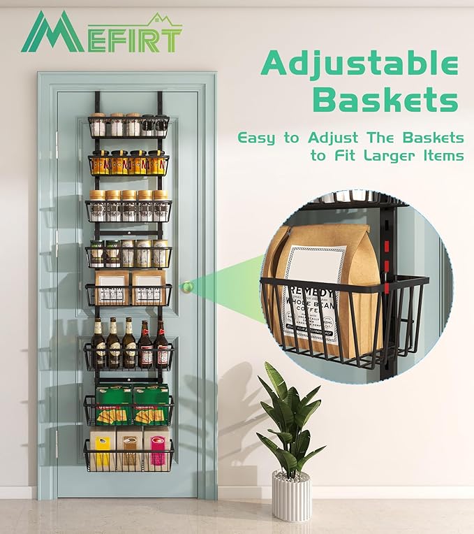 Mefirt 12 Inch Wide Narrow Over The Door Pantry Organizer, Pantry Organization and Storage, Black 8-Tier Metal Hanging Deep Basket Wall Spice Rack Seasoning Shelves, Home & Kitchen Essentials