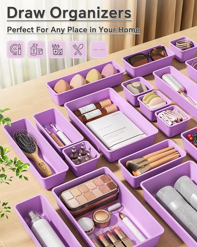 KEMETHY 25 PCS Plastic Drawer Organizers Set, 4 Sizes Vanity Organizer, Makeup and Desk Drawer Organizer Trays, Organization and Storage for Makeup, Bathroom, Kitchen Utensils and Office (Purple)