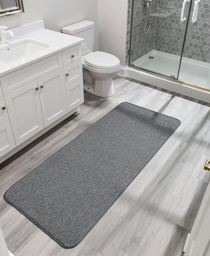 Bosap Bath Mat,Ultra Thin Bathroom Runner Rugs,Large Bath Mats for Bathroom,Quick Dry,Non-Slip,Machine Washable,Low Pile,Bath Rug,Shower Outside,Sink,Home Decor Accessories.Dark Grey,2'x5'（24x60inch）