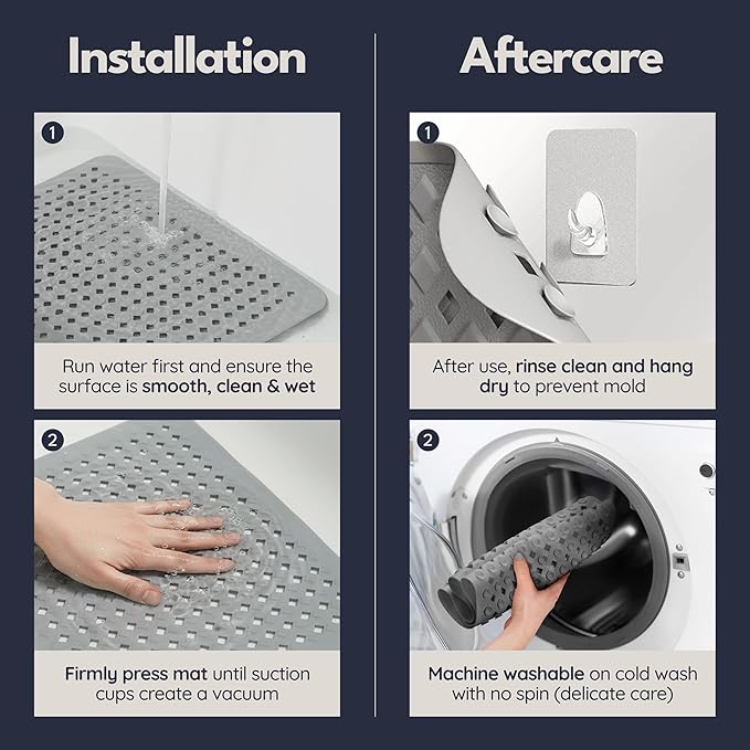 Bathtub Mat Non Slip 28x16 - homerella® Bath Mat Incl. Hooks for Drying, 100% BPA Free, Shower Mat Non Slip Anti Mold, Machine Washable, Shower Mats for Inside Shower Mildew Resistant (White)
