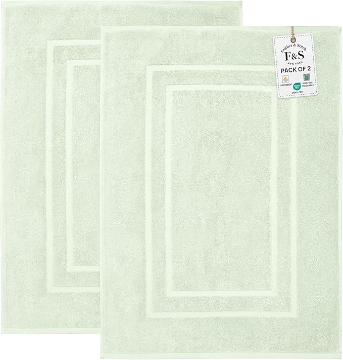 Feather & Stitch 2 Piece Towel Like Bath Mats (30x21 Inch) 100% Cotton Terry Bath Mats, Bathroom Shower Floor Mats [NOT A Bathroom Rug], Soft Absorbent Washable Mats - Frost