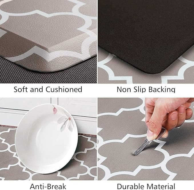KMAT Kitchen Mat [2 PCS] 0.47inch Cushioned Anti-Fatigue Area Rug Sets, Waterproof Non-Skid Kitchen Mats and Rugs Heavy Duty PVC Ergonomic Comfort Standing Mat for Kitchen, Floor Office,Khaki
