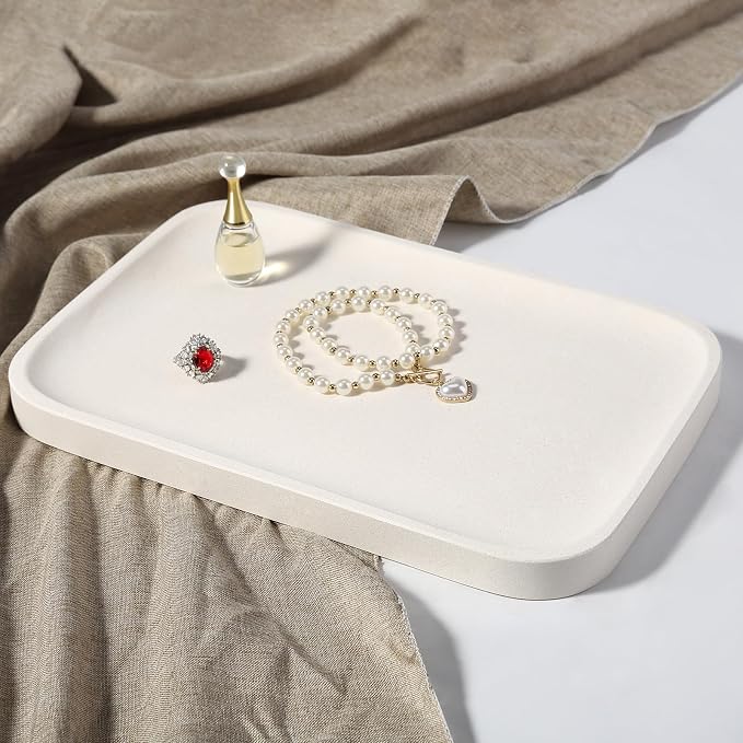 Koville Marble Tray, 12"x8" Natural Stone Vanity Tray for Countertop Bathroom Kitchen Dresser, Decorative Marble Catchall Trays for Perfume Jewelry, Rectangular Serving Tray(Beige)