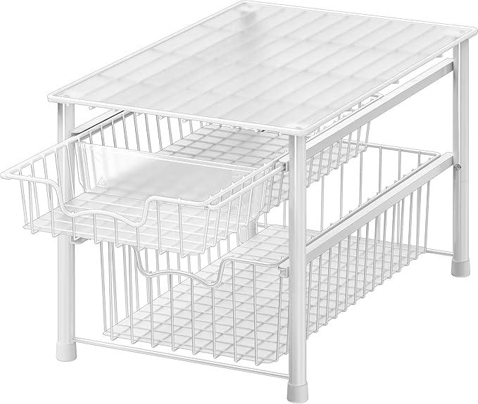 Simple Houseware Stackable Sliding Basket Organizer Drawer, White, 2-Tier