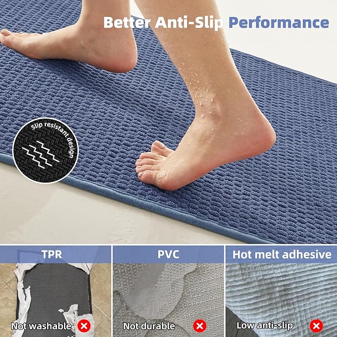 TYUU Bathroom Runner Rug, Long Bath Mat Washable Thin Quick Dry Low Pile Bathroom Runner Rugs 24 x 60 Non Slip, Denim Blue 24"x60"