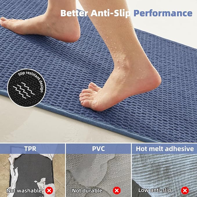 TYUU Bathroom Rugs Non Slip Washable, Super Absorbent Thin Bath Mat Quick Dry Low Pile Bathroom Rug, Denim Blue 20"x48"