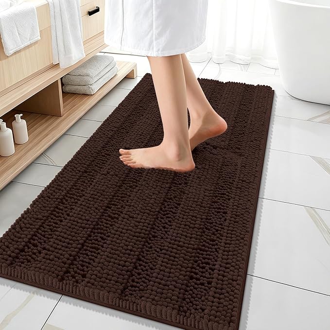 OLANLY Thick Bathroom Runner Rugs 47x20, Extra Absorbent Chenille Striped Bath Rugs, Rubber Backing, Machine Wash Dry, Long Bath Mats for Bathroom Floor, Tub and Shower, Home Decor Accessories, Brown