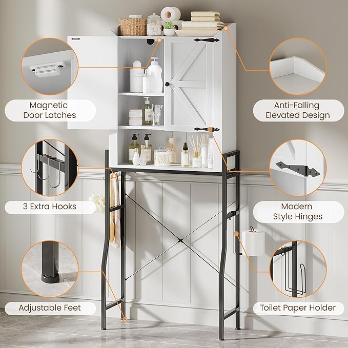 Memobarco Over The Toilet Storage Cabinet, Over Toilet Organizer with 2-Door & Metal Stand, Bathroom Organizers and Storage with Adjustable Shelves for Bathroom, Restroom, Laundry, White