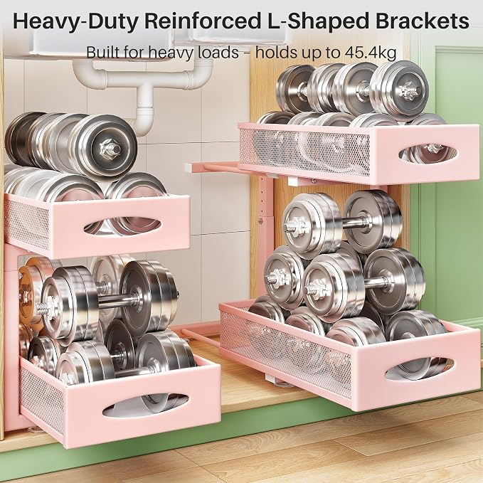 2 Pack Under Sink Organizer, 2 Tier Pull out Cabinet Organizer Mesh Baskets with 5 Adjustable Heights, Sliding Drawers Storage Shelf for Home, Kitchen, Bathroom, Pantry, Office, Countertop ,Pink