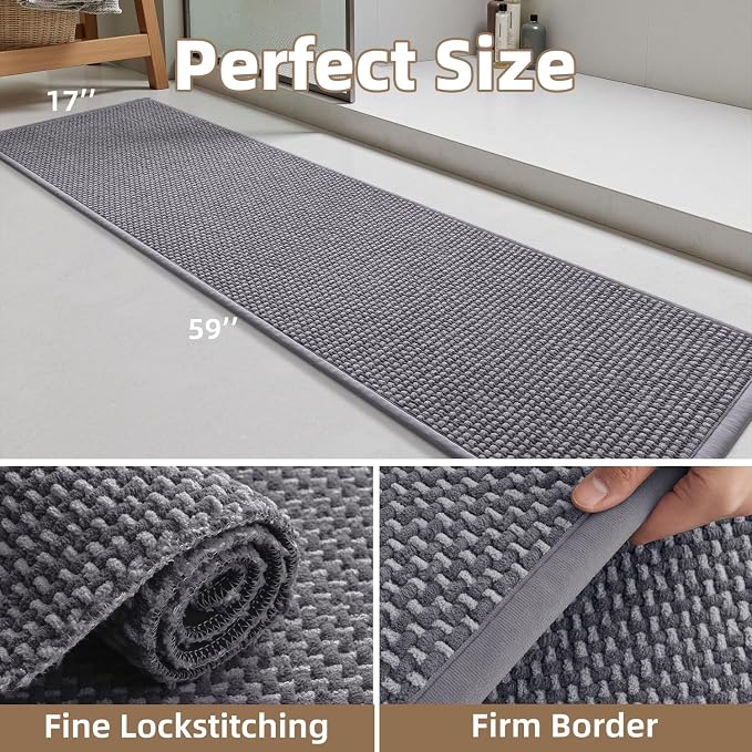 PADOOR-Bath Mat Runner-Super Absorbent Chenille Bathroom Mats-Rubber Backed Bath Mats for Bathroom Non Slip, Easy Clean Bathroom Runner Rugs Front of Bathtub,Shower Room,Sink-17×59