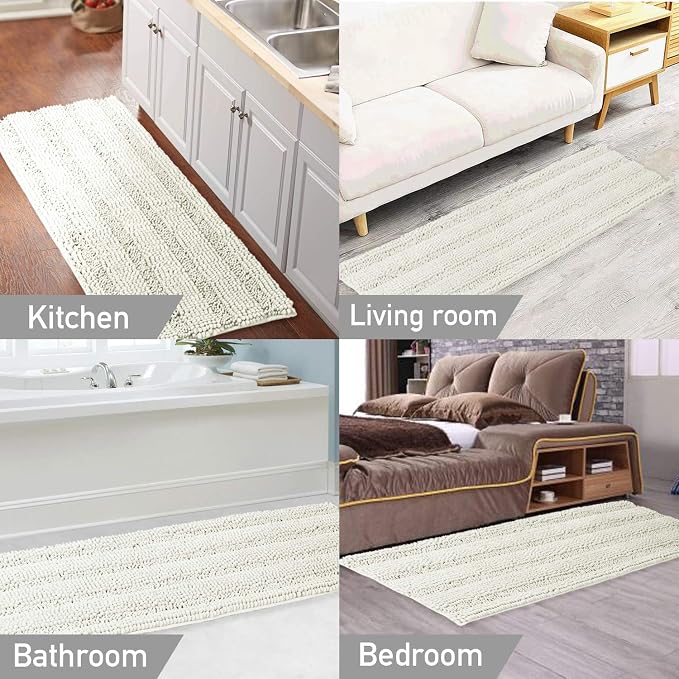 Turquoize Non-Slip Kitchen/Bath Rug Runner Luxury Chenille Shaggy Bathroom Rug Mat Cream Bath Mat, Ultra Soft and Cozy, Super Absorbent Large Shaggy Rugs, Washable Carpet Kitchen Mats, 59"x20", Cream