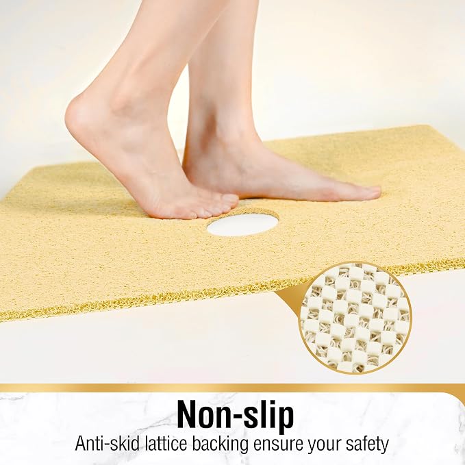 HITSLAM Square Shower Mat, 32 x 32 Inch Non Slip Bath Mat for Tub, Soft PVC Loofah Bathtub Mats with Drain Holes, Quick Drying Bathroom Stall Floor Mat, Bathroom Accessories Without Suction Cup, Beige