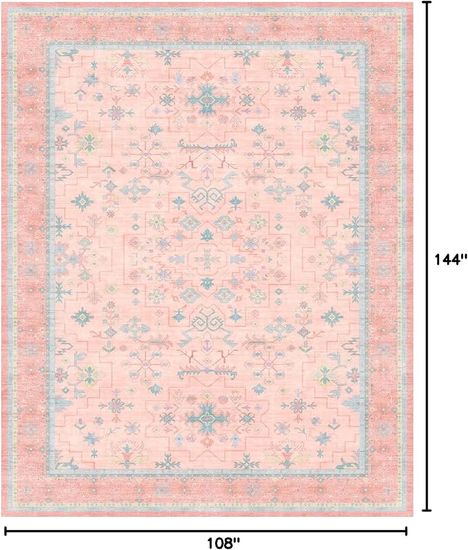 Washable Pink and Blue 9x12 Oushak Rugs for Living Room Rug Bedroom Girls, Modern Floral Aethestic Distressed Design, Soft Faux Wool Low Pile Non Slip Stain Resistance Carpet