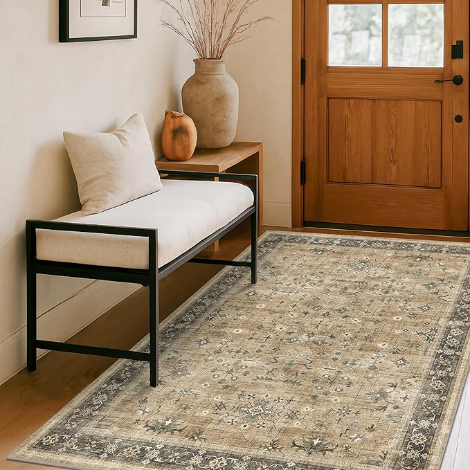 Boho Earth Tone 4x6 Large Entryway Rug - Distressed Natural Taupe Washable Mudroom Area Rug, Modern Vintage Kitchen Floor Carpet, Low Pile Non-Slip Carpet for Door Mat Indoor Entrance