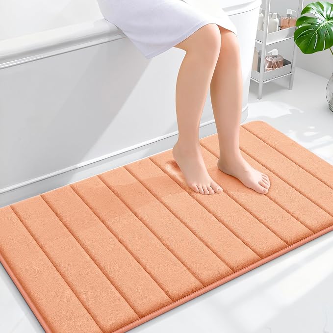 OLANLY Memory Foam Bath Mat 44x24, Super Soft Absorbent Bathroom Rugs, Quick Dry, Machine Washable Shower Floor Rugs, Bathmat Carpet, Bathroom Home Decor Accessories, Peach