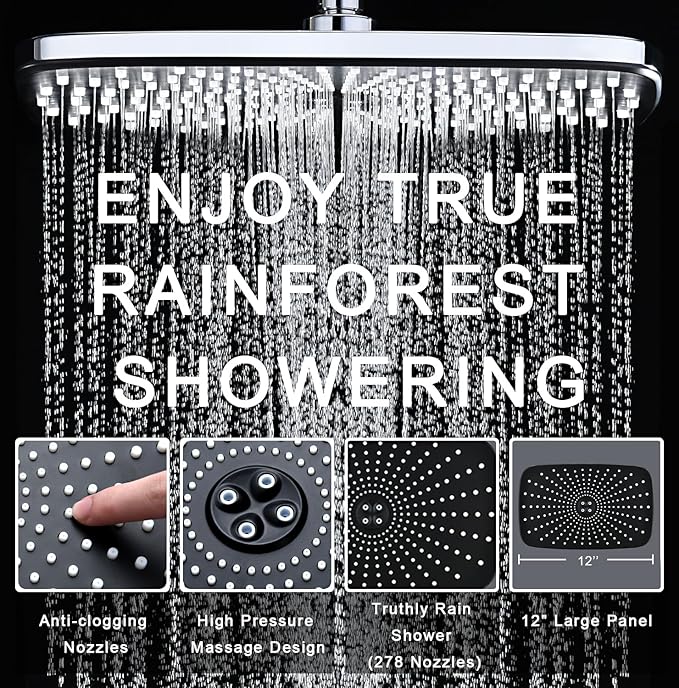 BOZYBO Rain Shower Head with Handheld: High Pressure Shower Heads with Handheld Spray Combo, 12" Rainfall Shower Head and 9 Sprays Hand Showerheads with Magnetic Docking and Power Jets, Silver
