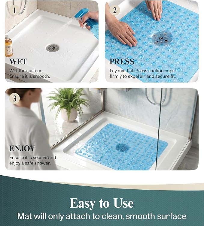 HITSLAM 21x21 Inch Square Shower Mat Non Slip, Anti Slip Bathtub Mat with Strong Suction Cups & Drainage Holes, Machine Washable Bathroom Floor Mat for Inside Shower Stall and Tub, Blue