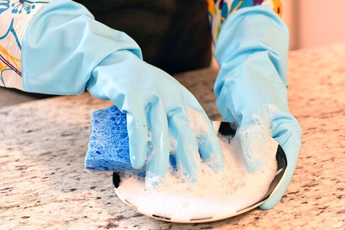 Household Gloves Latex-Free, 15" Long Cuff, Soft Lining, Adjustable Strap, Multi-Layer Protection, Flexible, Comfortable, Chemical-Resistant, Reusable for Cleaning, Dishwashing, 4 Pair Small