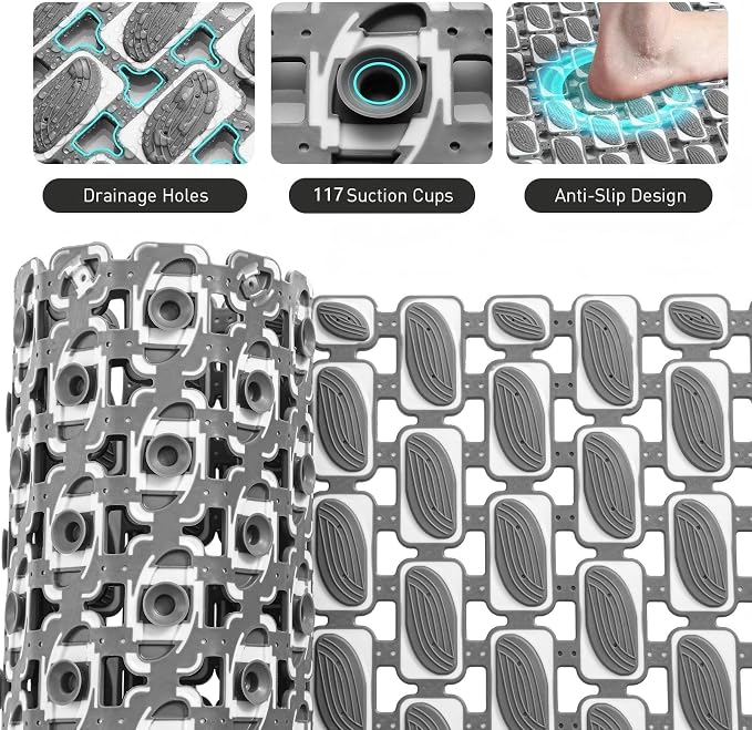 XIYUNTE Shower Mat Non Slip Bathtub Mat - 27 x 16Inches Soft Rubber Bath Mat for Tub Non Slip Bath Mat with Suction Cups and Drain Holes, Easy to Clean, Easy to Cut, Eco-Friendly, Dark Grey