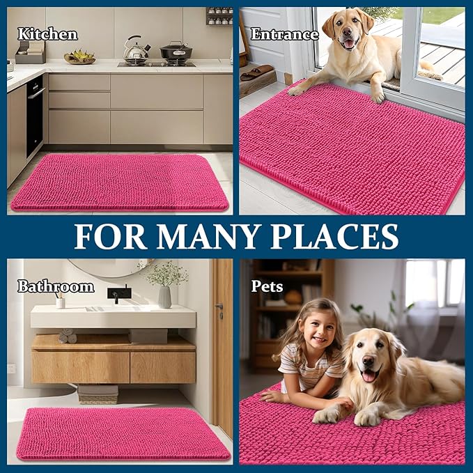 OLANLY Dog Door Mat for Muddy Paws 35x24, Absorbs Moisture and Dirt, Absorbent Non-Slip Washable Doormat, Quick Dry Chenille Mud Mat for Dogs, Entry Indoor Entryway Carpet for Inside Floor, Hot Pink