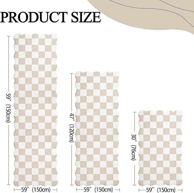 Scalloped Cream Checkered Grid Checkerboard Kitchen Rug Sets [3 PCs], Anti-Fatigue, Waterproof Non-Slip Kitchen Mats Heavy Duty Ergonomic Comfort Foam Rug for Floor, Home, Laundry,17"x29"/47"/59"